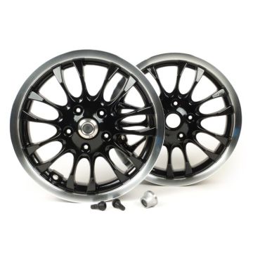 Wheel set including conversion set Piaggio 3.00-12 inch 14 spokes type Vespa Sprint 50-150 cc suitable for Vespa GT, GTL, GTS 125-300, GTV black, polished edge