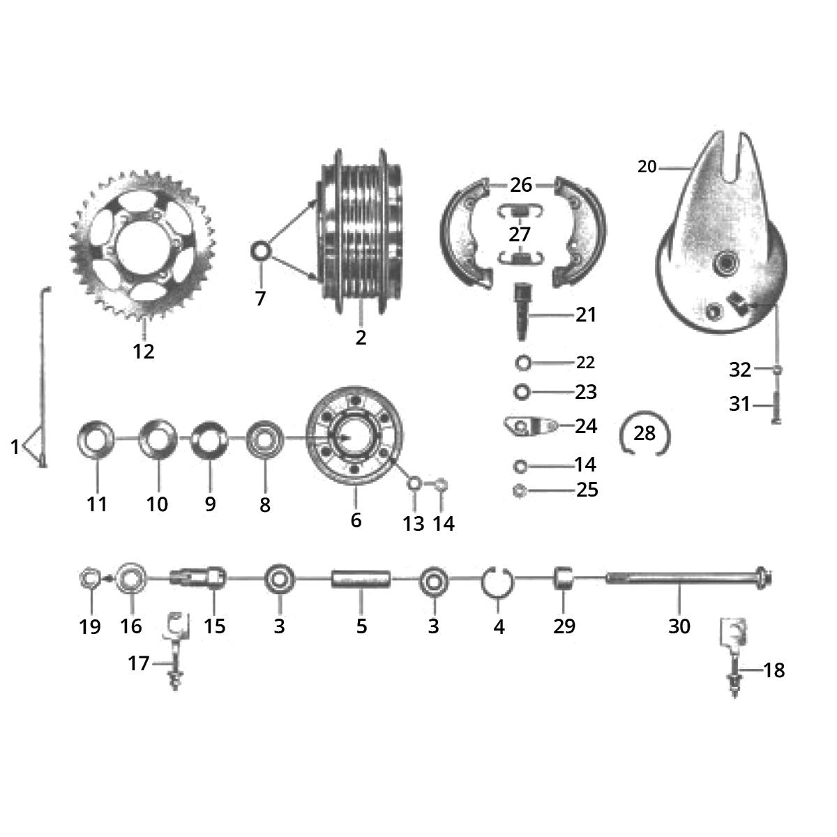Rear wheel hub - Rear sprocket - Brake shoes Zündapp C50 Sport 517-21LA
