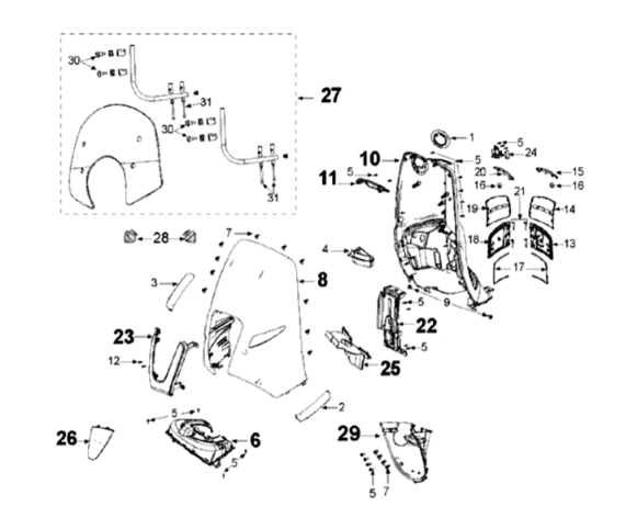 Bekleding voorzijde Peugeot Django 125 Allure E3 2014-2017 ICY WHITE (F8)