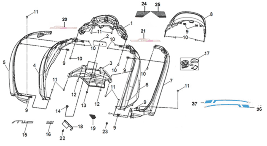 Body cover Sym Mio 50I E5 Grey/Black (GY-430C/BK-001C)