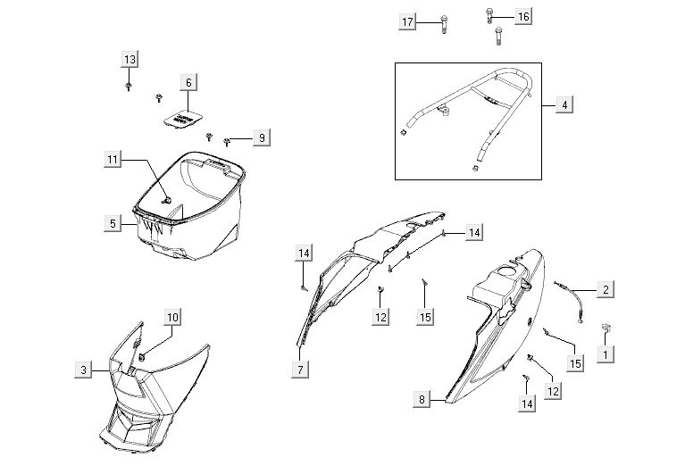 Engine / side covers - Helmet compartment - Rear carrier Kymco Agility 10