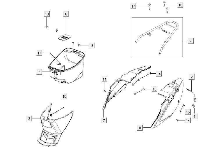 Engine / side covers - Helmet compartment - Rear carrier Kymco Agility 12