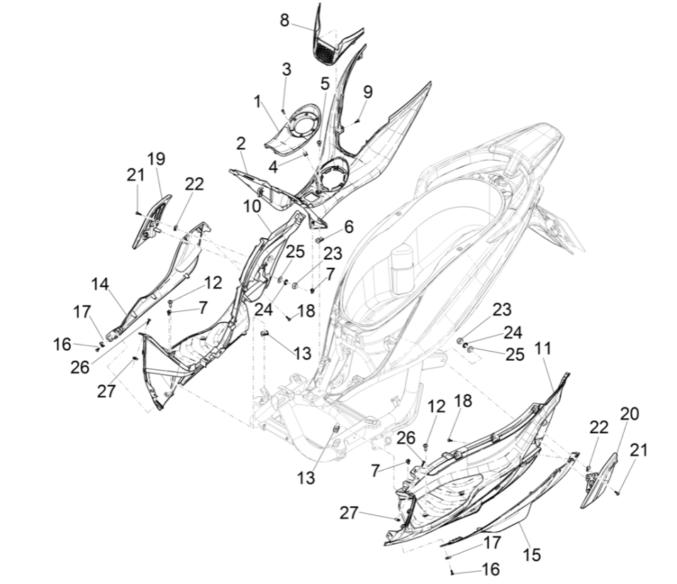 Central cover - Piaggio Medley 125 ABS E5 2021-2022 footrest (EMEA)