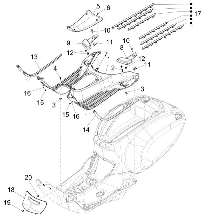Central cover - Vespa Sprint 50 4T 3V 2017-2020 footrest (EMEA)
