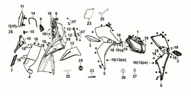 Voorkap - Beenschild - Knipperlichten voorzijde Sym Jet 14 50i Euro 5