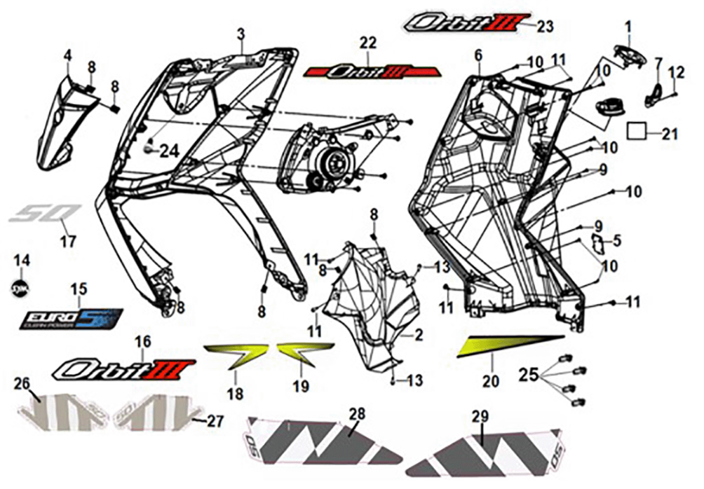 Front cover - front inner box Sym Orbit III 50 E5 Matt Black/Fluorescent Yellow (BK-007U/Y-102C)