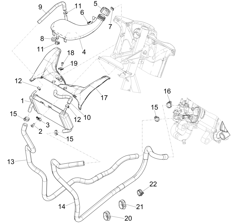Radiator - Cooling hoses - Coolant tank Piaggio NRG Power 50 2-stroke LC Euro 4
