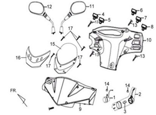 Headlight cap/ mirrors/ switches Sym X'PRO 125 Jet Black BK5560