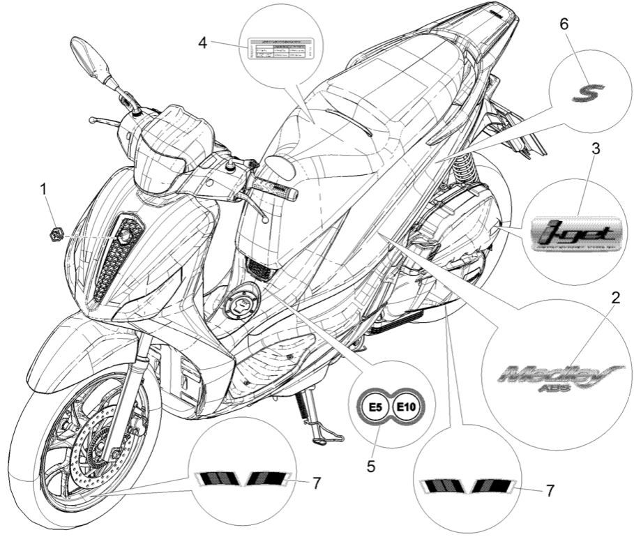 Piaggio Medley 125 ABS E5 2021-2022 (EMEA) Plates and trim strips