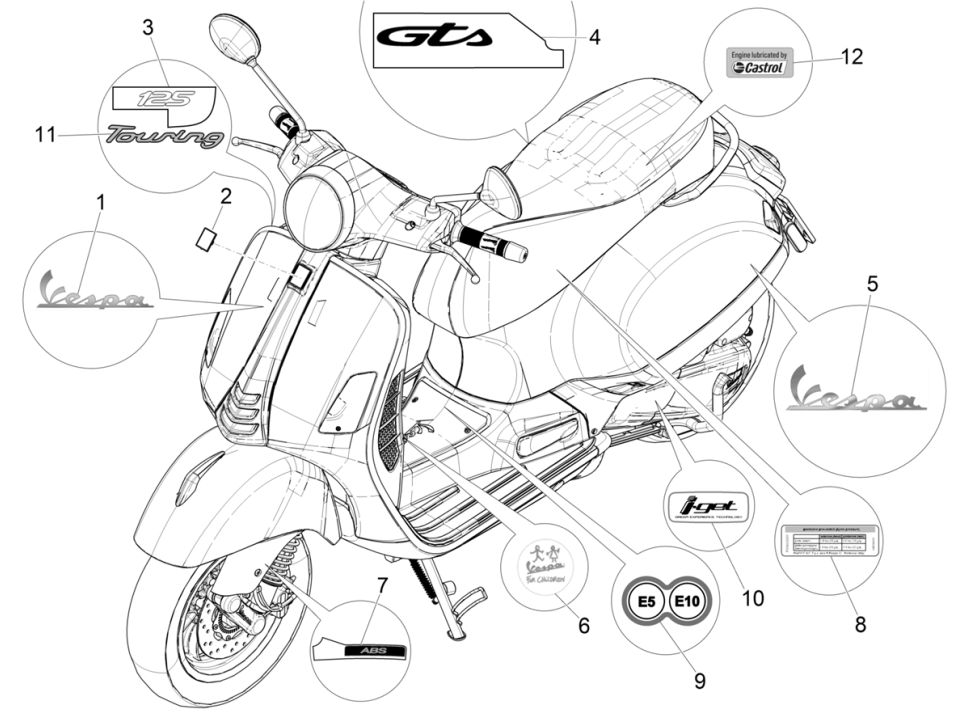 Vespa GTS 125 4T E5 ABS 2021 (EMEA) plates and trim strips