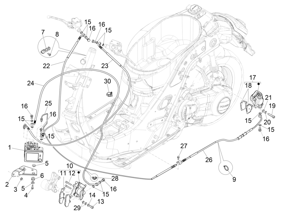 Brake lines - Brake brake caliper (ABS) Vespa GTS 125 4T E5 ABS 2021 (EMEA)