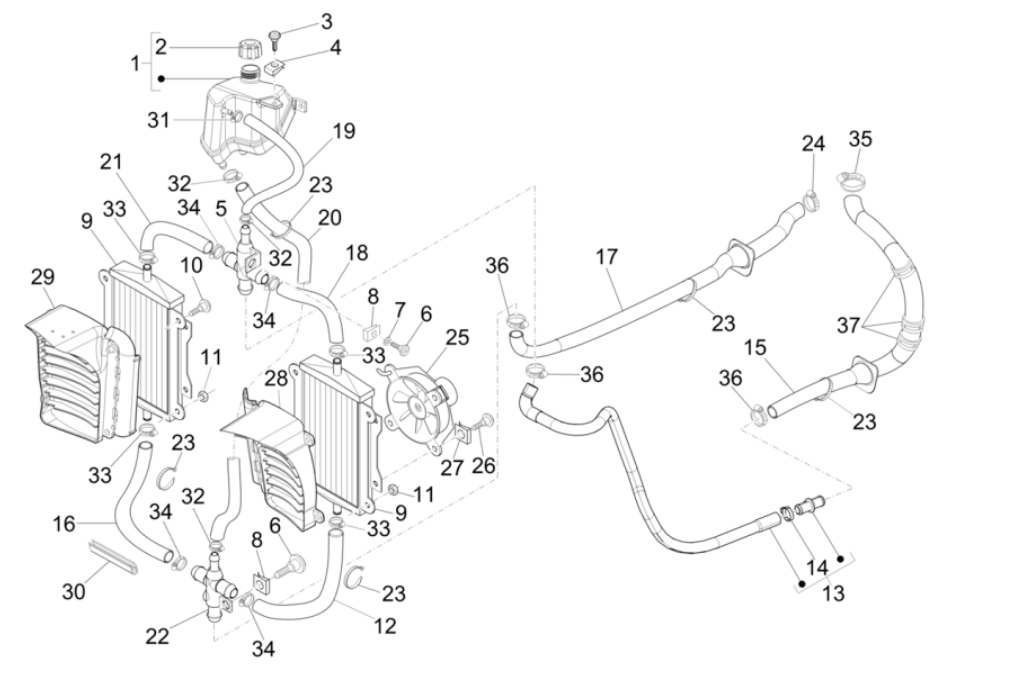 Radiator - Cooling Hoses - Coolant Tank Vespa GTS 300 Super HPE 4V IE ABS Euro 5 2020-2022