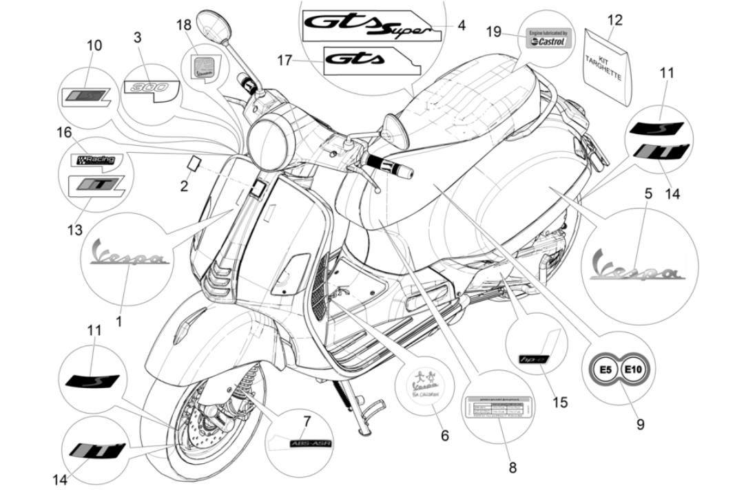 Emblems - Decals - Logo Vespa GTS 300 Super HPE 4V IE ABS Euro 5 2020-2022