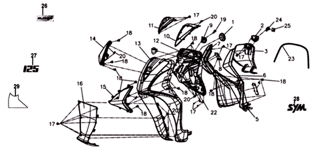 Front plate/ inner plate/ indicators Sym Symphony ST 125I E4 Black/ Silver (BK-001C/S-882U)