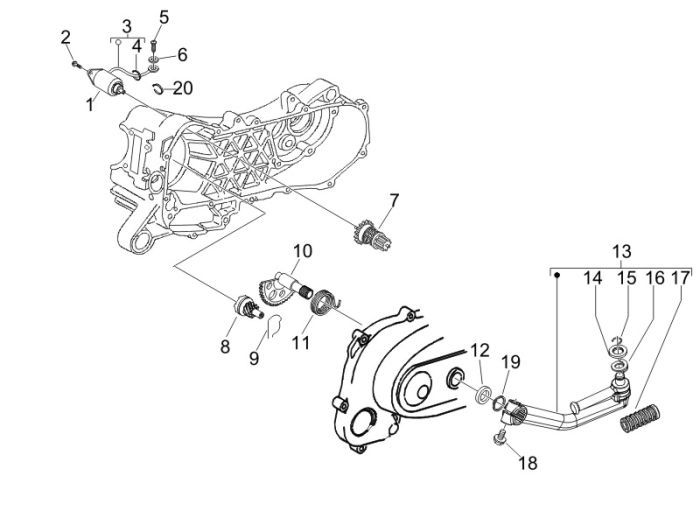 Starter motor - Bendix - Kick starter shaft - Kick starter lever Piaggio New Fly 50 4T 2V AC