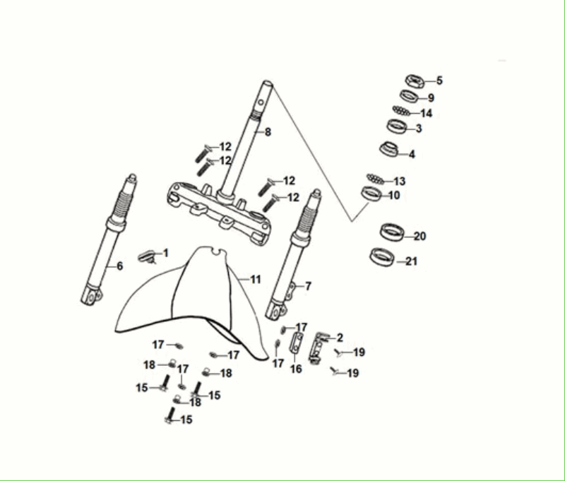 Front fork - Handlebar-head bearing set crown piece - Front fender Sym fiddle ll Euro 5 Black (BK-5560S)