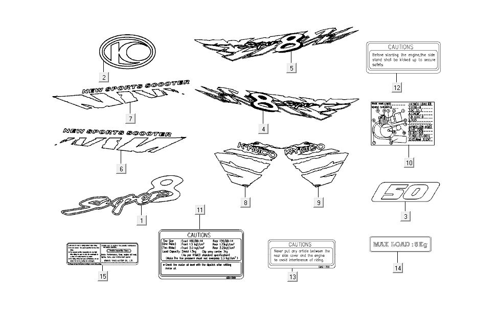 sticker set Kymco Super 8 4-stroke (2007-2009) Red black