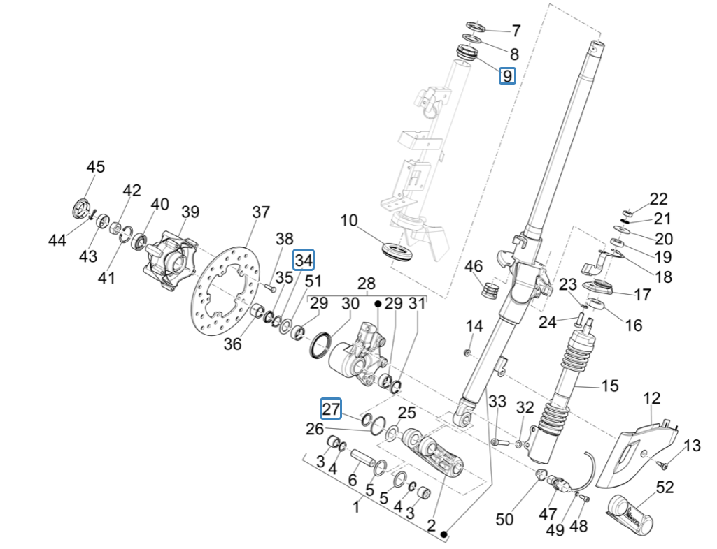 Vespa Sprint 4-stroke 3-valve front fork (euro5 injection IGET)