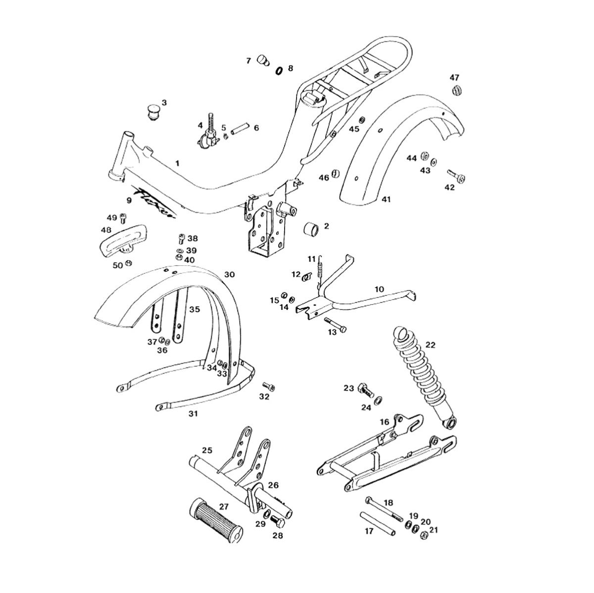 Framedelen - spatborden - schokbrekers Tomos FLEXER 2001