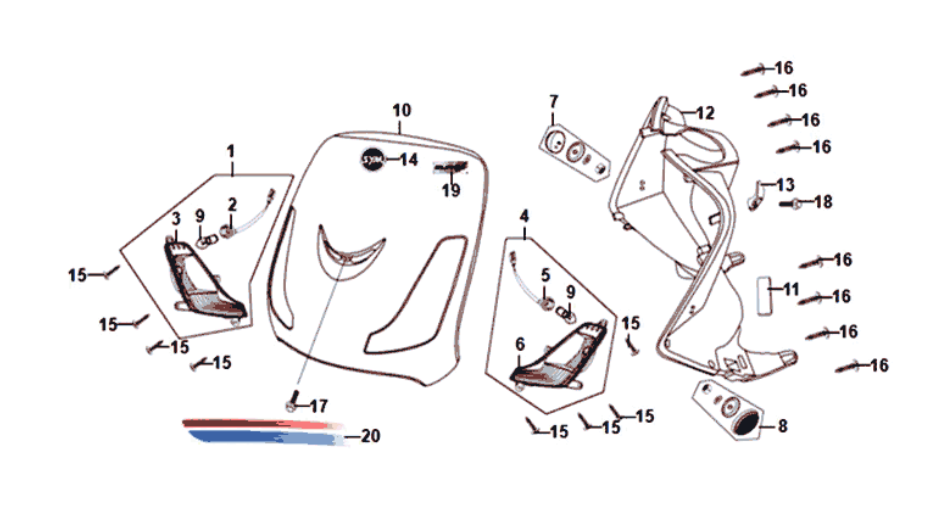 Front plate Indicators Inner fork tube shield Sym Fiddle II euro 4 (LX-17348) Chestnut Brown