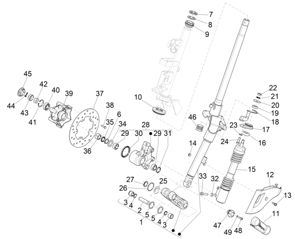 Vespa Eletrica 45KM/H E5 2021 front fork/steering tube (EMEA)