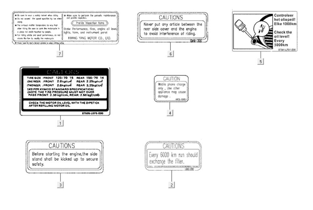 Warning stickers Kymco Xciting 400i Pearly Black